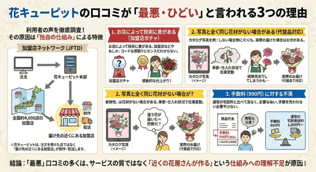 花キューピットの口コミが「最悪・ひどい」と言われる3つの理由