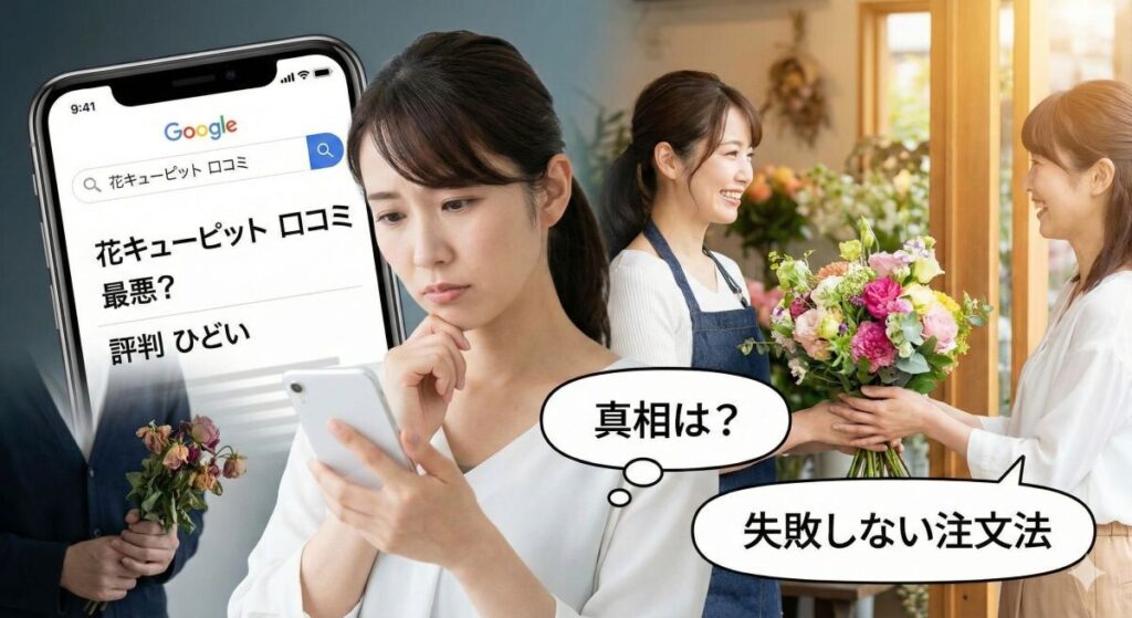 花キューピットの口コミ評判は最悪？悪い噂の真相と失敗しない注文法のアイキャッチ
