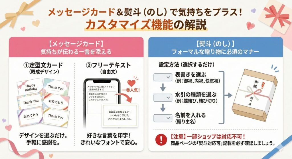 メッセージカードや熨斗(のし)はつけられる?カスタマイズ機能